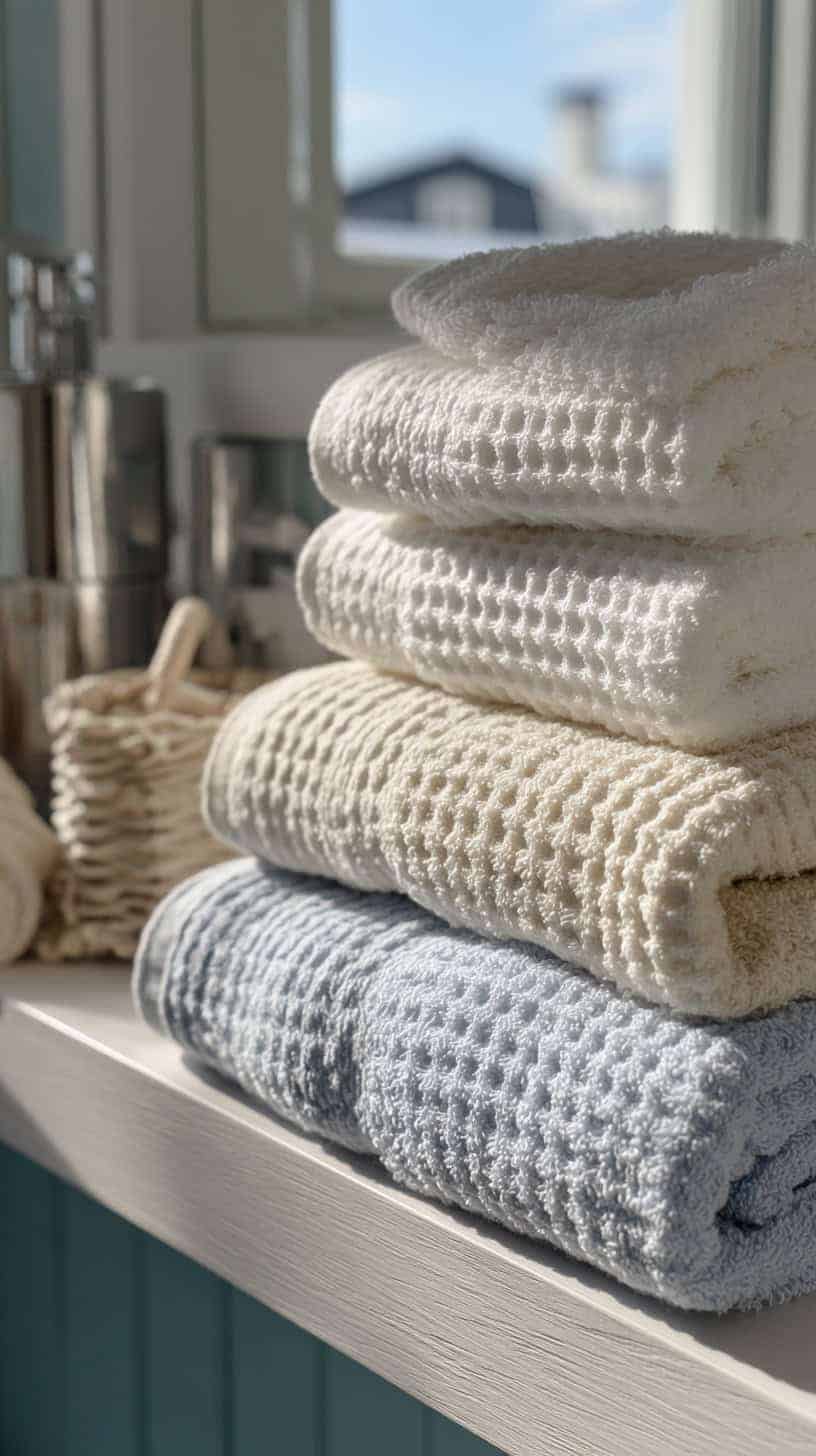 Stack of neatly folded white, beige, and blue towels on a windowsill with sunlight streaming in.