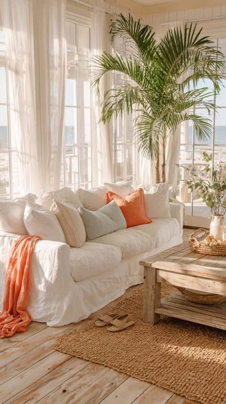 A bright living room with a white sofa, colorful pillows, a palm plant, and a wooden coffee table on a woven rug.