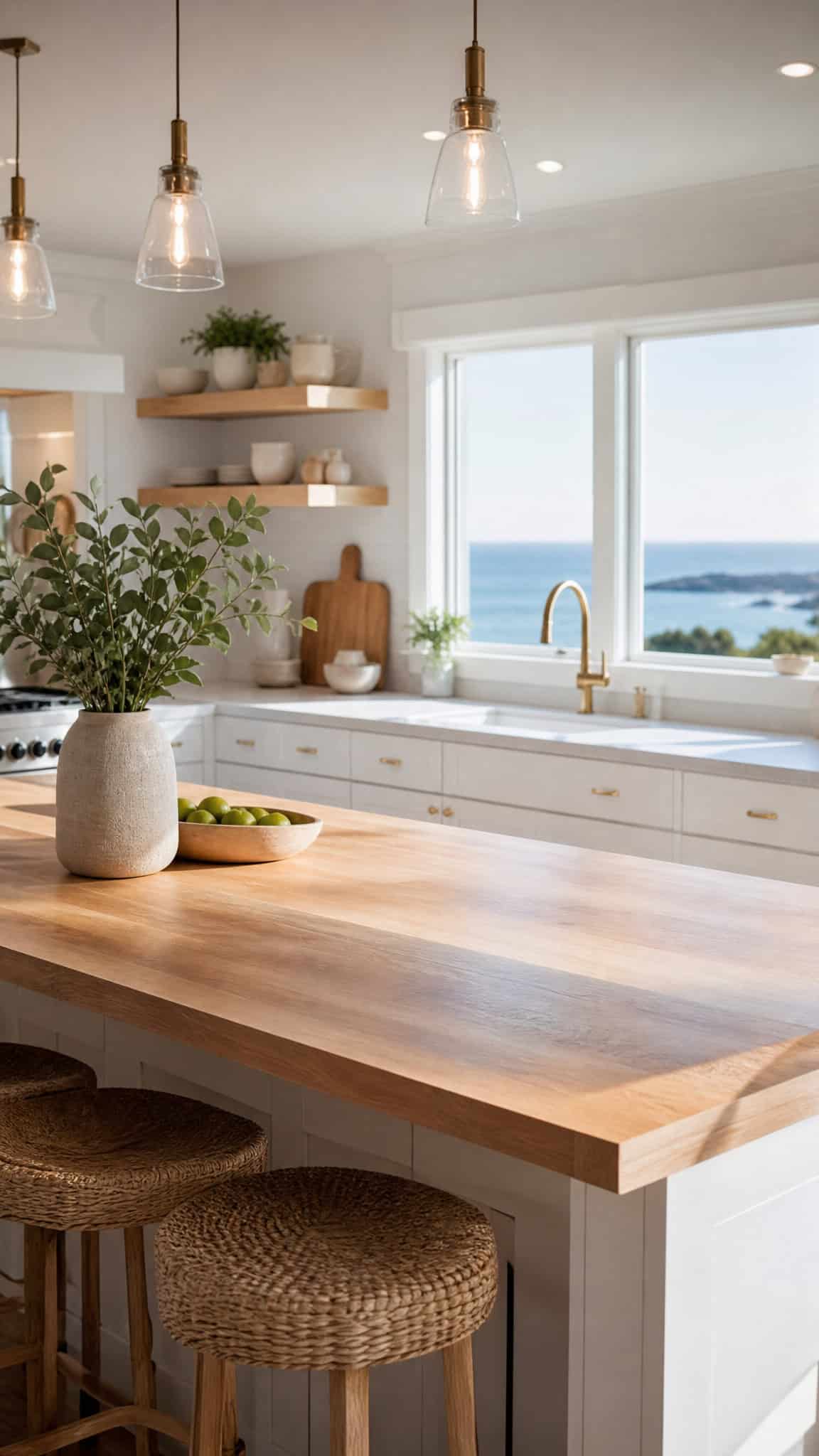Crisp White Shaker Cabinets with Natural Wood Accents