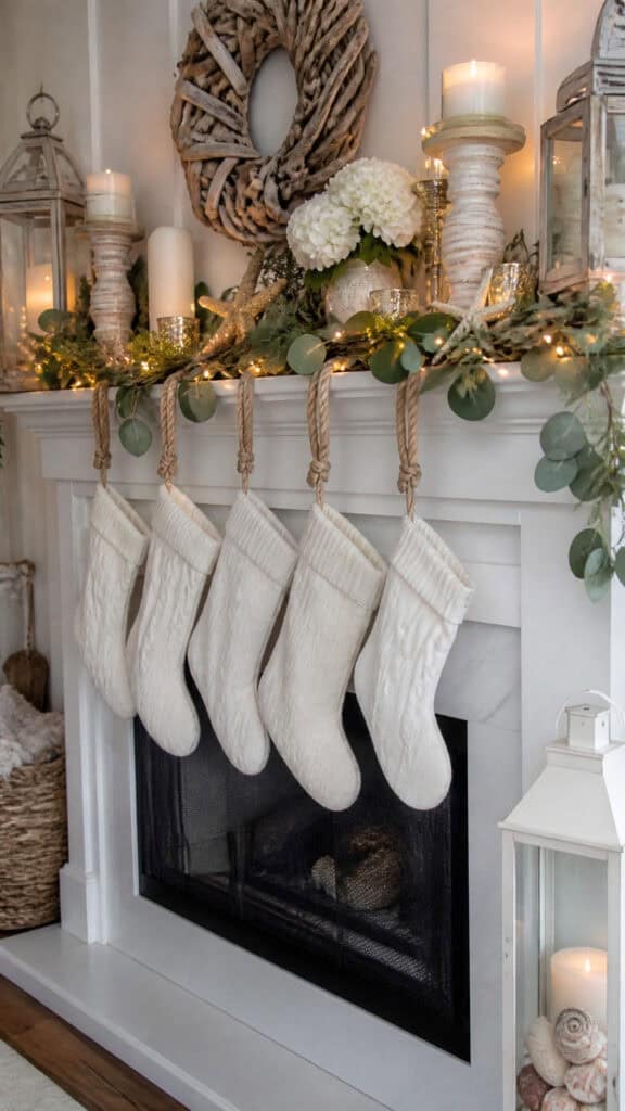 Coastal Christmas Mantel With Weathered Wood Elements