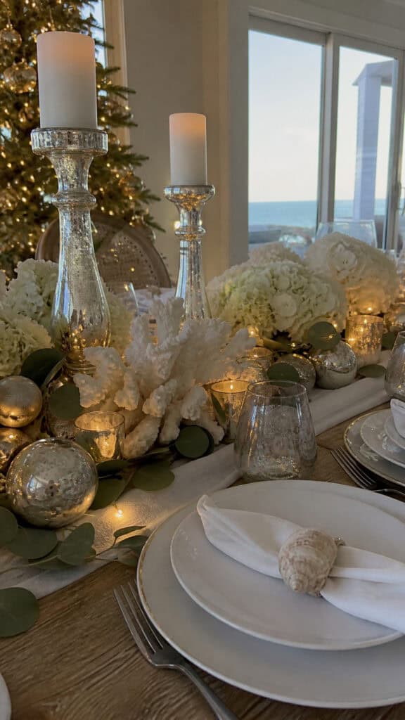 Mercury Glass And White Coral Tablescape