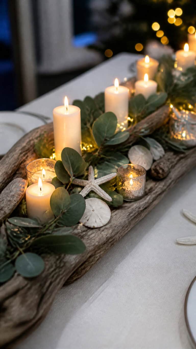 Driftwood and Candle Coastal Christmas Centerpieces