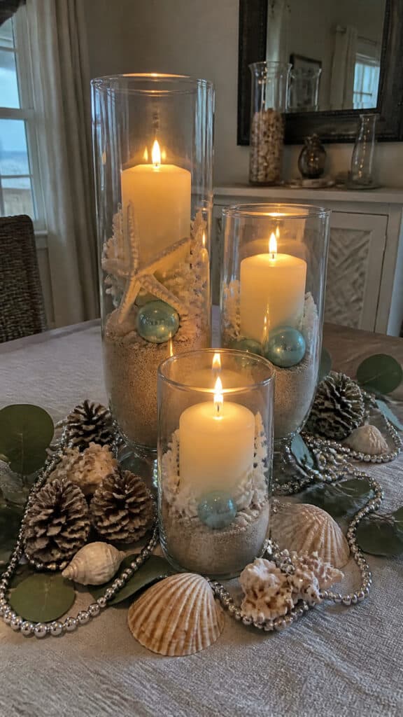 Glass Hurricane Vases Filled with Coastal Treasures