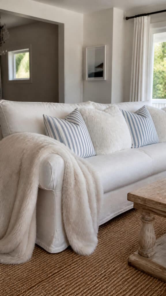 Blue and White Striped Textiles Mixed with Faux Fur