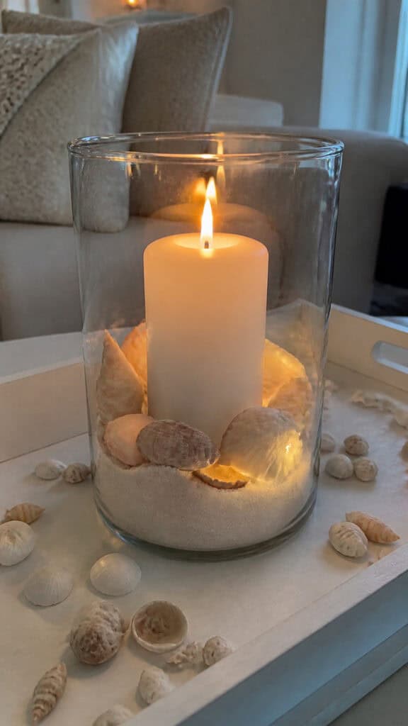 Seashell-Filled Glass Hurricane Candle Holders