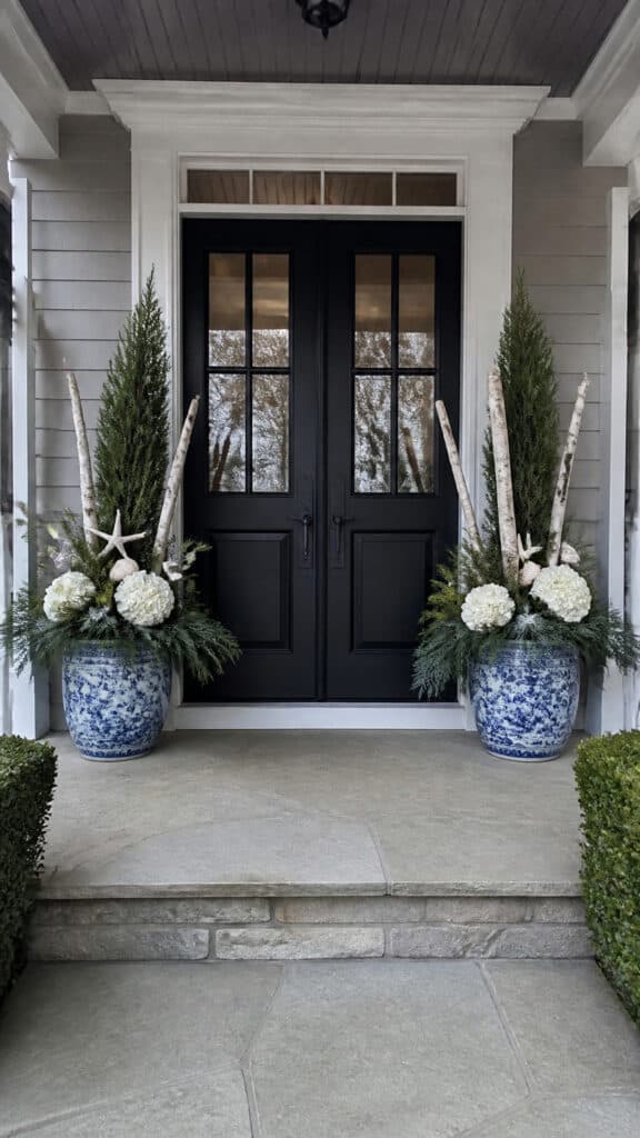 Blue and White Planters with Winter Greens