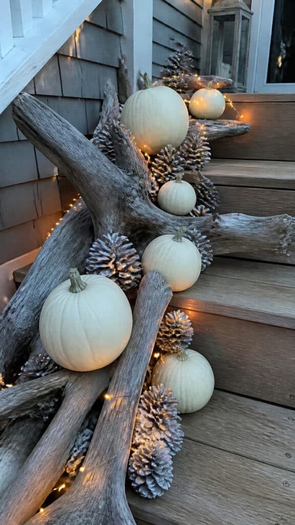 Driftwood and White Pumpkin Display
