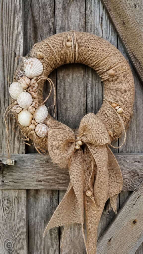 Rustic Burlap and Shell Farmhouse Wreath
