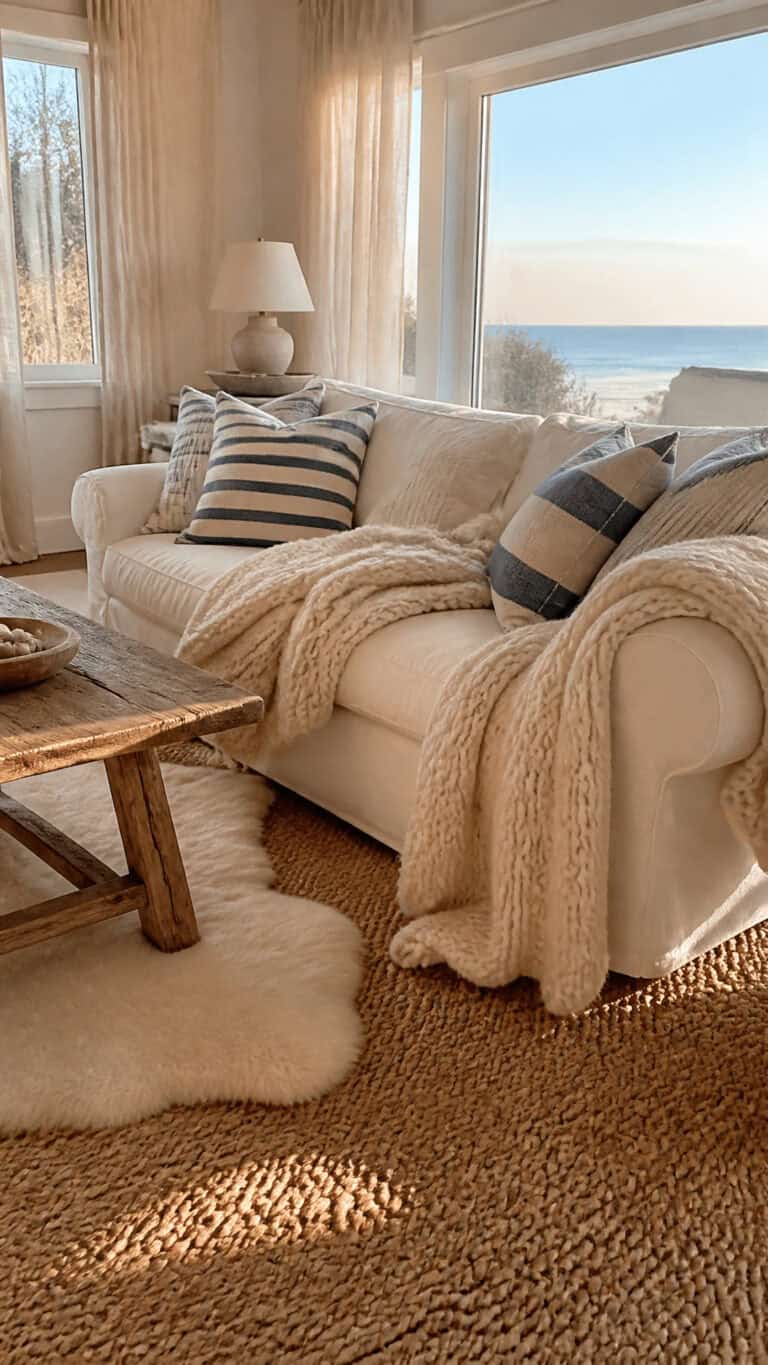 Layer Cozy Textiles with Coastal Colors